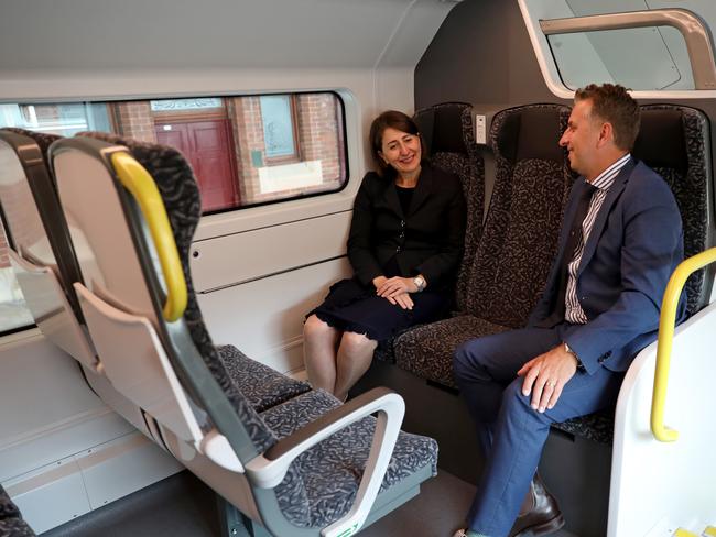 Then-premier Gladys Berejiklian and then-transport Minister Andrew Constance check out the Mariyung train in April 2021. Picture: Damian Shaw