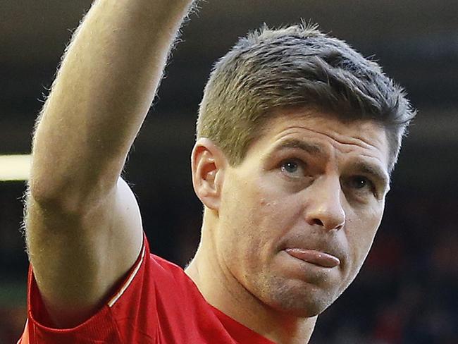 Liverpool's Steven Gerrard acknowledges the crowd after the English Premier League soccer match between Liverpool and Crystal Palace at Anfield Stadium, Liverpool, England, Saturday, May 16, 2015. Gerard played his final home match for Liverpool on Saturday at Anfield after over 700 appearances for the club, before he moves to MLS team LA Galaxy. (AP Photo/Jon Super)