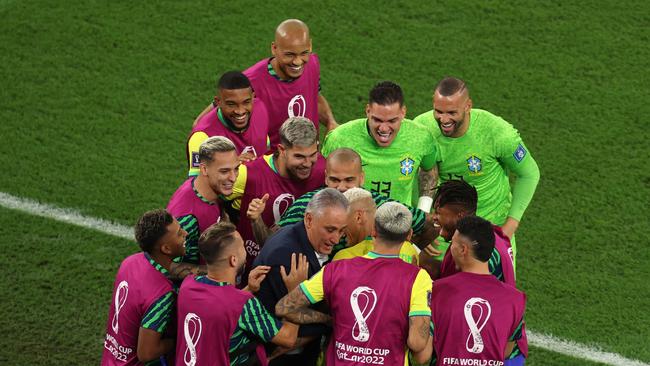 Even coach Tite got in on the dancing, after Richarlison scored for Brazil. Picture: Getty Images.