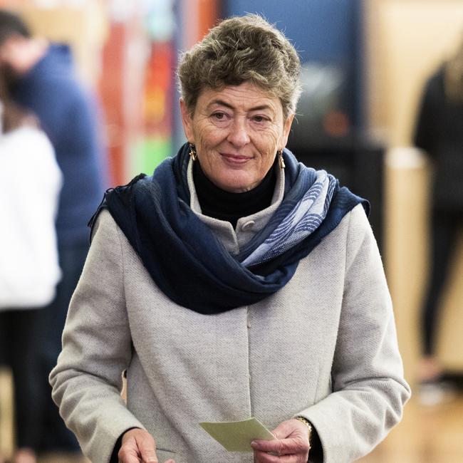 Liberal candidate Fiona Kotvojs places her vote at Jerrabomberra Public School. Picture: Rohan Thomson/Getty Images