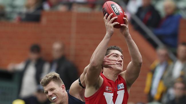 Jordon Sweet climbs high to mark during SANFL finals last year. Picture: Sarah Reed.