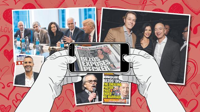 Clockwise from top left: Jeff Bezos, far left, at 2016 tech meeting with Donald Trump; Patrick Whitesell, Lauren Sanchez and Bezos partying in 2016; David Pecker; Lauren’s brother Michael. Pictures: Getty, AFP and Reuters