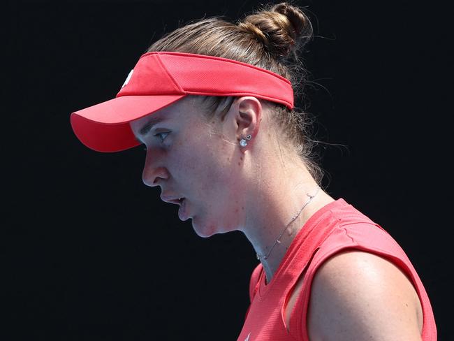 Ukraine's Elina Svitolina celebrates her first set against Russia's Veronika Kudermetova during their women's singles match on day nine of the Australian Open tennis tournament in Melbourne on January 20, 2025. (Photo by Martin KEEP / AFP) / -- IMAGE RESTRICTED TO EDITORIAL USE - STRICTLY NO COMMERCIAL USE --