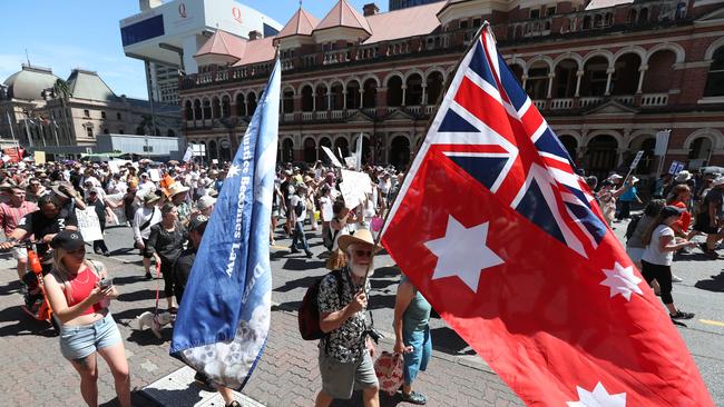 The Freedom Rally in the Brisbane CBD on Saturday. Picture: Annette Dew