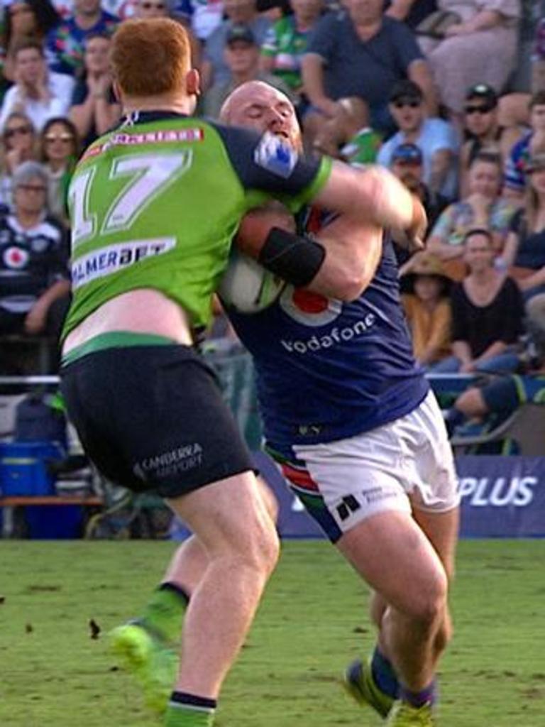 The 'high shot' on Matt Lodge which saw Corey Horsburgh penalised. Picture: Fox League.