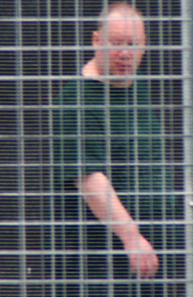 Nicknamed ‘Porky Pig’, Martin Bryant pictured in the yard at Risdon in 2015, during an attempt by prison officers to get him exercising. Picture: Gary Ramage/News Corp