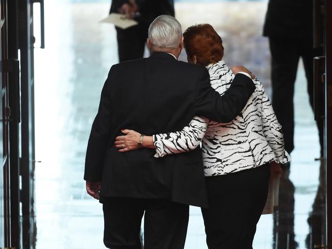 Mr Burston and Ms Hanson leave the Senate after a ceremony marking the start of the 45th Parliament in Canberra in August 2016. Picture: AAP 