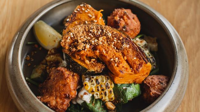 Corn fritter breakfast bowl at Morning After cafe in West End.