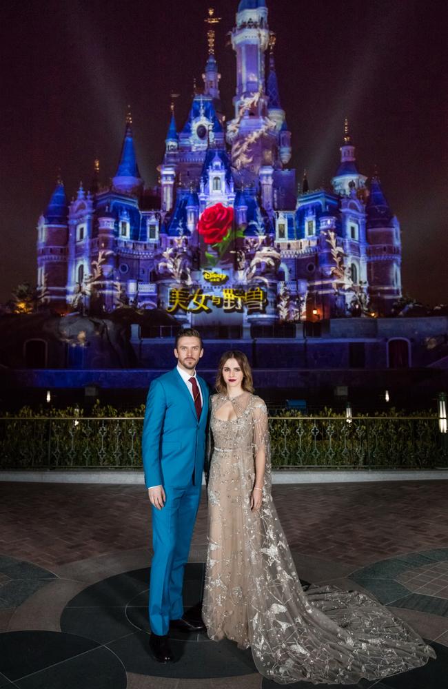 The Beauty and the Beast cast have circled the globe to launch the film. Here Stevens and Watson are at the Shanghai Disney Resort. Picture: Disney