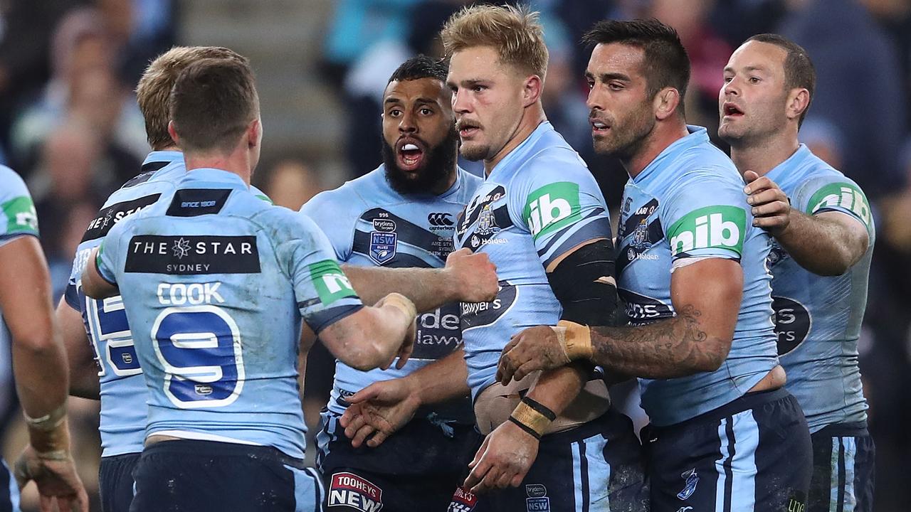 NSW players come together after the James Roberts sin binning on Sunday night.