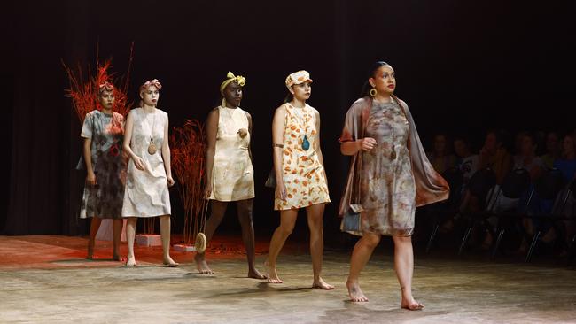 Models showcase the Woven Medicine collection by designer Felicity Chapman at the Cairns Indigenous Art Fair fashion performance, Woven, held at the Tanks Arts Centre, Edge Hill. Picture: Brendan Radke