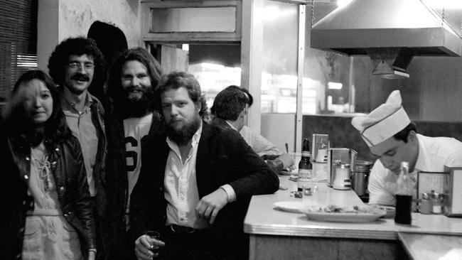 From left, Kathy Lisciandro, Haeny, Morrison and Frank Lisciandro at the Lucky U Cafe in Los Angeles on Morrison's 27th and last birthday, during a break in recording Morrison’s poetry.