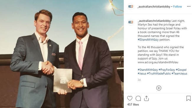 Martyn Iles of the Australian Christian lobby presented Israel Folau with petition holding 46k names that signed the #IStandWithIzzy petition. Picture: Instagram