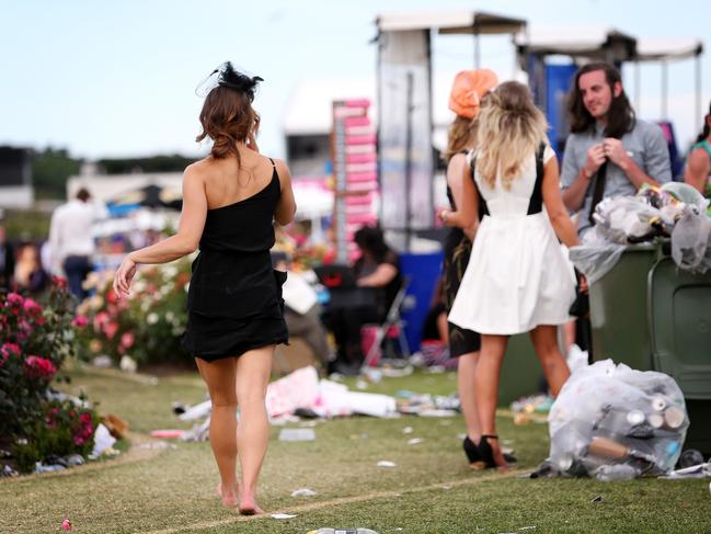 Melbourne Cup Day 2014 at Flemington Racecourse. Shoes are optional after the Cup. Picture: Mark Stewart