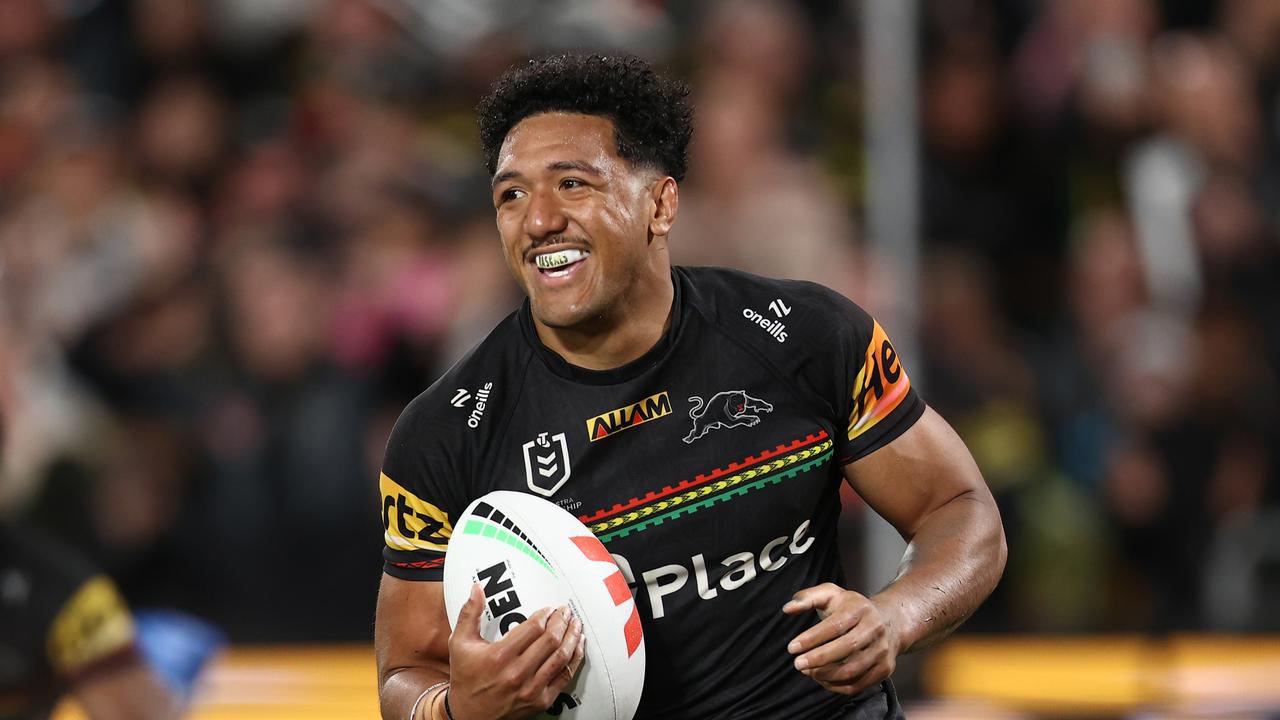 Paul Alamoti was all smiles after he scored a double that will see him play in his first NRL grand final next week. Picture: Jason McCawley/Getty Images