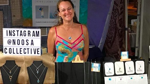 Under the Noosa Collective design label, Cathie Withyman has a range of earrings, necklaces and bracelets, using sand from beaches, to turn memories into physical keepsakes.