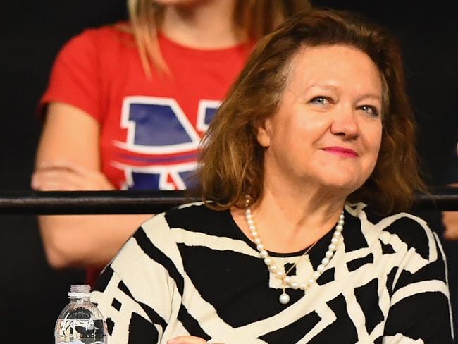 ADELAIDE, AUSTRALIA - APRIL 11:  Gina Rinehart speaks to John Bertrand the Swimming Australia President during day five of the Australian Swimming Championships at the South Australian Aquatic & Leisure Centre on April 11, 2016 in Adelaide, Australia.  (Photo by Quinn Rooney/Getty Images)