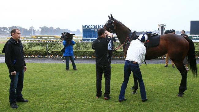 Trainer Chris Waller watches on as Winx returns from her hitout. Picture: Mark Evans