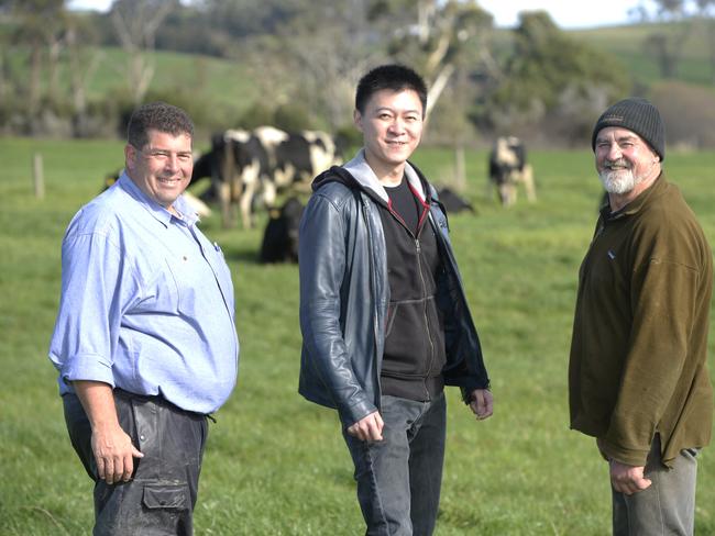 DFP Australia general manager Roy Wang at the Poowong Farm with farm consultant Matt Hall and farm business manager Phil Good.