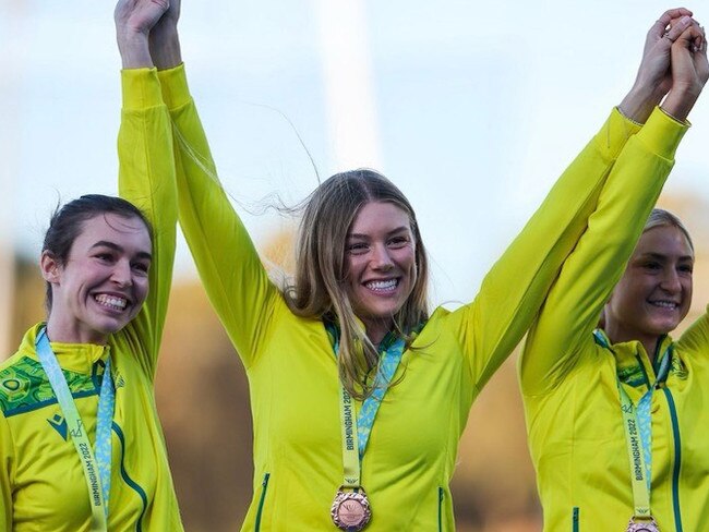 Victoria’s Mia Gross (centre) won bronze in the 4x100m at the 2022 Commonwealth Games but there will be no regional Victorian games in 2026 as hoped. Picture: Supplied.