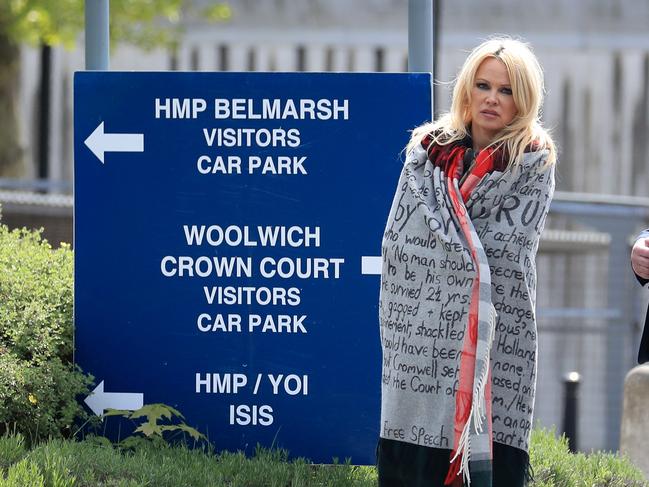 Pamela Anderson leaves Belmarsh Prison in south-east London after she visited WikiLeaks founder Julian Assange. Picture: PA