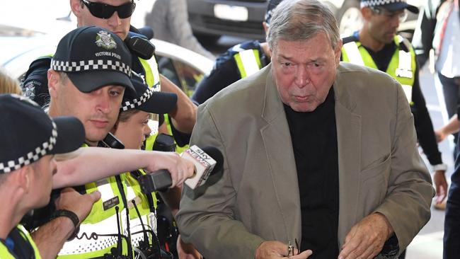 Cardinal George Pell arrives at the Melbourne Magistrates Court. AAP/Joe Castro