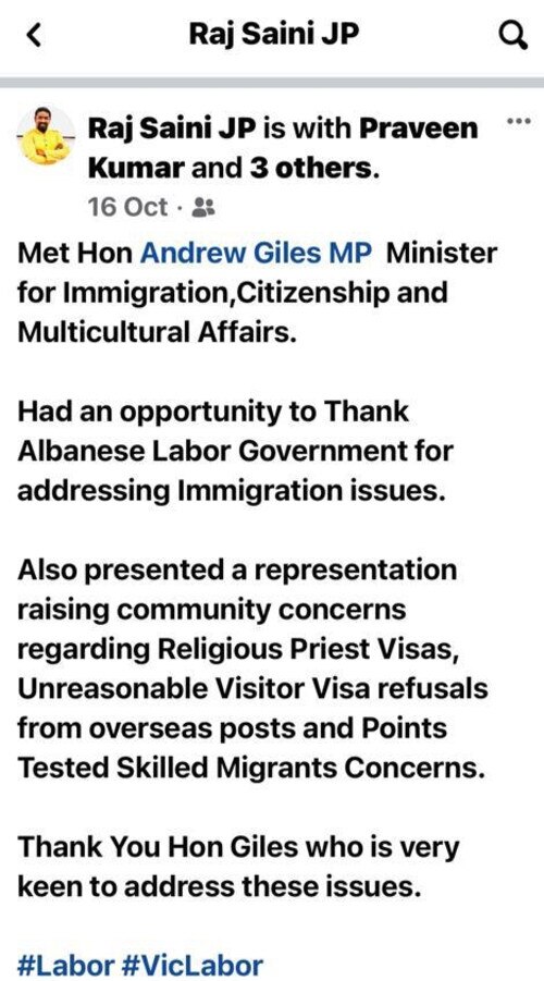 A Facebook post from Raj Saini after meeting with Andrew Giles.