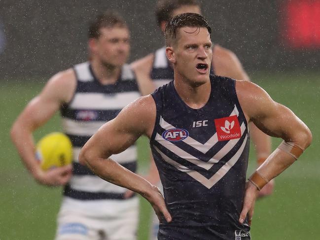 PERTH, AUSTRALIA - JULY 27: Matt Taberner of the Dockers looks on while walking from the field at the half time break during the round 8 AFL match between the Fremantle Dockers and the Geelong Cats at Optus Stadium on July 27, 2020 in Perth, Australia. (Photo by Paul Kane/Getty Images)