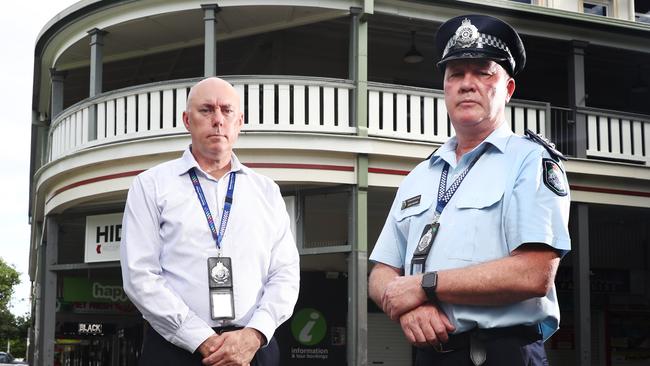 With the Queensland border opening on Monday, Cairns police officers will be out in force in the CBD, targeting anti-social and criminal activity. Acting Chief Superintendent Chris Hodgman and Acting Inspector Gary Hunter of the Cairns City Patrol group in the Shields Street mall. Picture: Brendan Radke