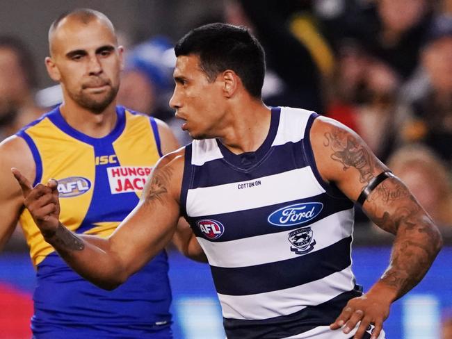 Tim Kelly of the Cats celebrates a goal during the AFL First Semi Final match between the Geelong Cats and the West Coast Eagles in Melbourne, Friday, September 13, 2019.  (AAP Image/Michael Dodge) NO ARCHIVING, EDITORIAL USE ONLY