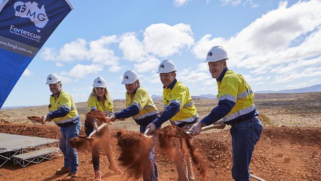 Treasurer Josh Frydenberg confirmed the strong outlook for the iron ore majors in his presentation on July 23, 2020. In this picture taken in 2019, Fortescue Metals chief executive Elizabeth Gaines (2nd left) and chairman Andrew Forrest (centre) are seen at the Eliwana iron ore mine in Western Australia. Source: FMG