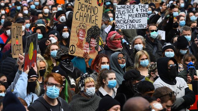 A BLM rally in Melbourne’s CBD that attracted around 10,000 protesters in June 2020.