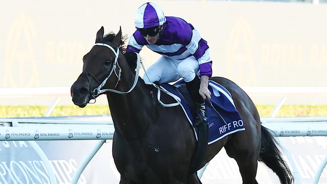 Riff Rocket (James McDonald) races clear to win the Group 1 ATC Australian Derby at Royal Randwick in April. Picture: Jeremy Ng / Getty Images