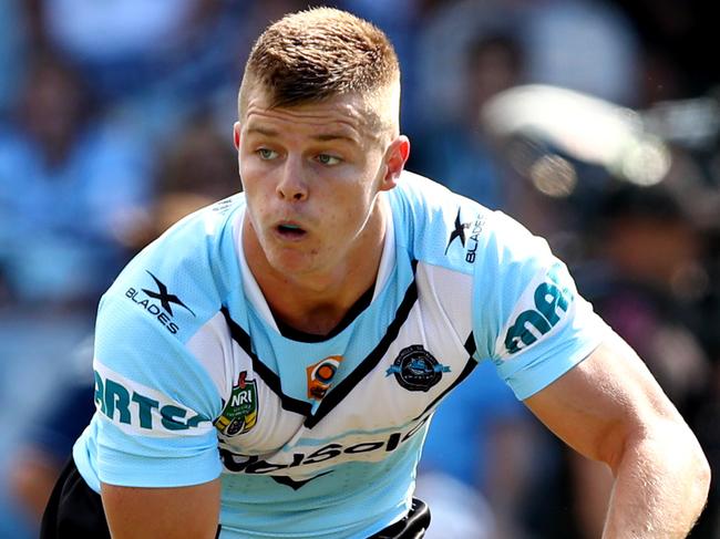 Shark's Jayden Brailey  during the round 5 NRL game between the Cronulla Sharks and the Newcastle Knights at Southern Cross Group Stadium , Cronulla . Picture : Gregg Porteous