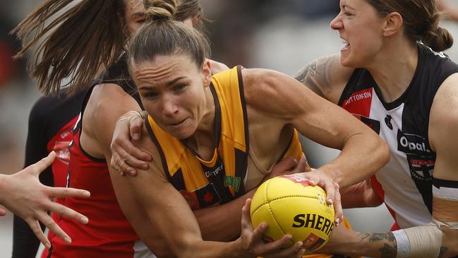 Emily Bates says she is proud of her durability as she prepares for her 75th consecutive AFLW game against Port Adelaide in Frankston on Sunday. Picture: Daniel Pockett / Getty Images