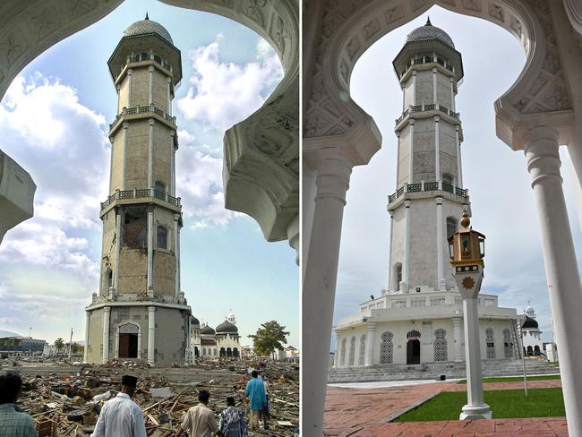 This combination photo shows people walking through debris strewn around the Baiturrahman grand mosque in Banda Aceh on December 28, 2004 and the same scene on November 27, 2024. Picture: Chaideer Mahyuddin and Bay Ismoyo/AFP