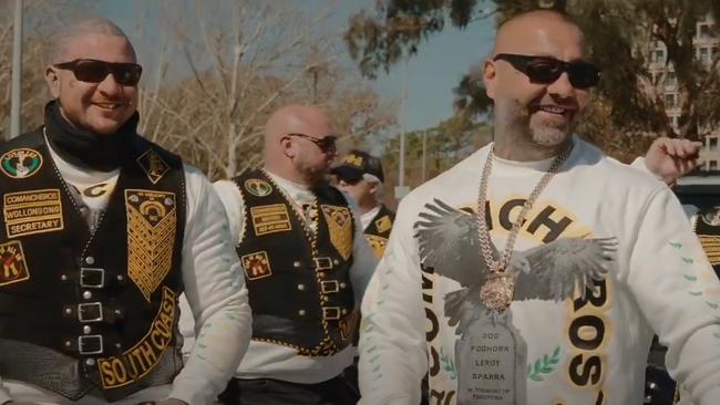 High-profile Sydney bikie George Lergou (right, in white jumper) could be seen in several close-up shots. Picture: YouTube