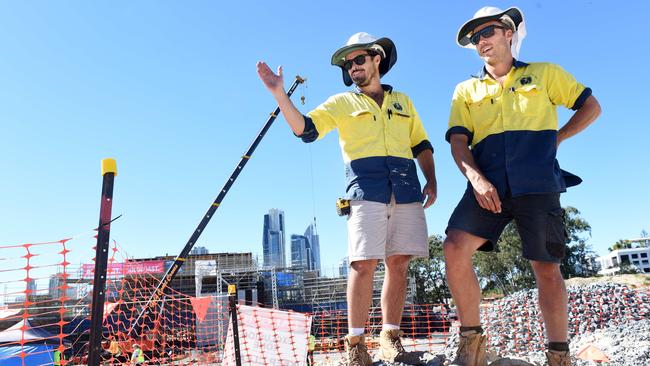 Andrew Gatt and Dan Thomas of Combined electrical working on the first stage of cultural precinct. Picture: John Gass