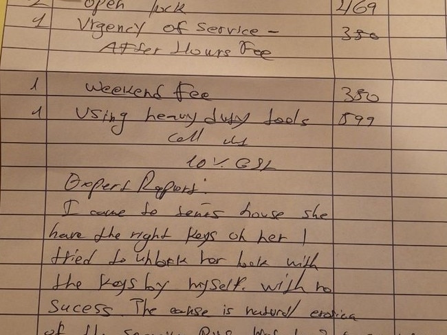 The invoice of more than $2000 Sarah received from a locksmith, more than five times the regular price according to an expert. Picture: Supplied