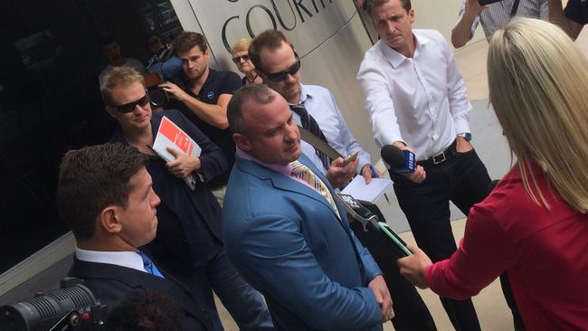 Greg Bird fronts the media outside court in Southport with lawyer Campbell MacCallum. Photo: Stephanie Bedo.