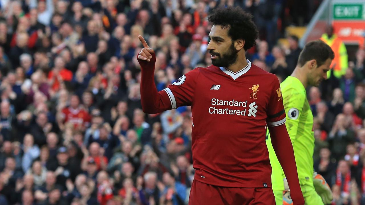 Liverpool's Egyptian midfielder Mohamed Salah celebrates