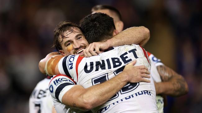 NEWCASTLE, AUSTRALIA - APRIL 11: Connor Watson of the Roosters and teammates celebrate winning the round six NRL match between Newcastle Knights and Sydney Roosters at McDonald Jones Stadium, on April 11, 2024, in Newcastle, Australia. (Photo by Cameron Spencer/Getty Images)