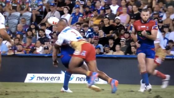 The late tackle on Knights star Jackson Hastings which saw Kaufusi suspended.