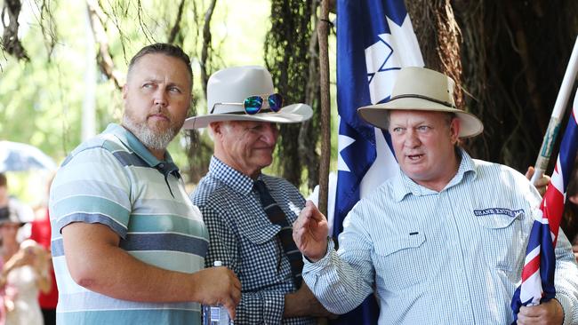 Division 9 Cairns regional councillor Brett Olds, Member for Kennedy Bob Katter and Member for Hill Shane Knuth buddy up at the rally. Picture: Brendan Radke