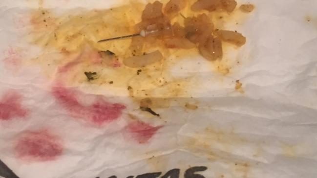 The hypodermic needle Ben Sabeto claims was in his butter chicken on a Qantas flight from Brisbane to Sydney. Picture: Supplied