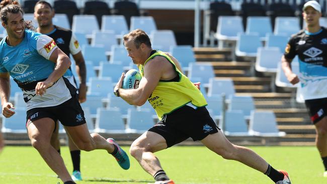 Josh Morris returned to Sharks training despite requesting a release from the club. Picture: Brett Costello