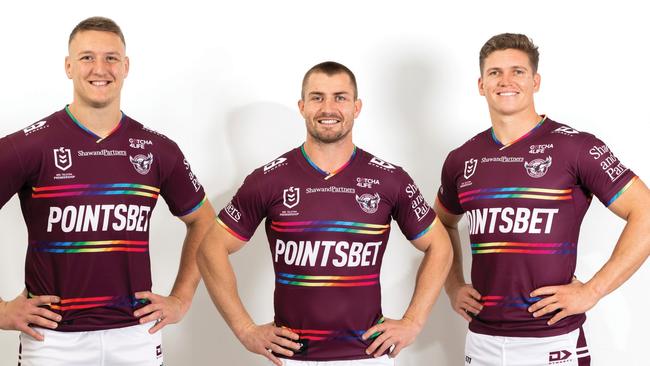 Manly's Sean Keppie, Kieran Foran and Reuben Garrick in the Sea Eagles’ Pride jersey. Picture: Manly Digital