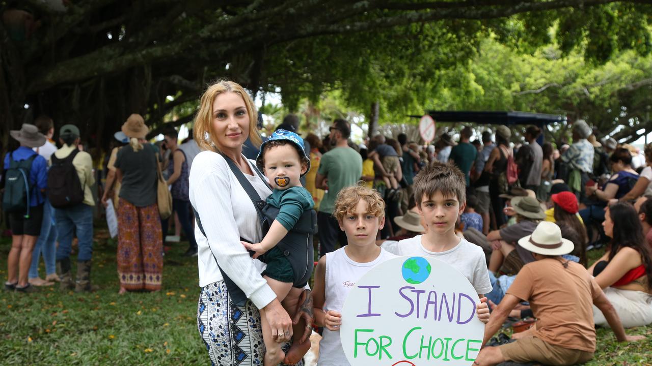 Chelsea Beattie attended the large Freedom Rally with Jagger Beattie, 1, Jaziah Beattie, 8, and Maxon Pielski, 8, before marching down the Esplanade. PICTURE: Brendan Radke