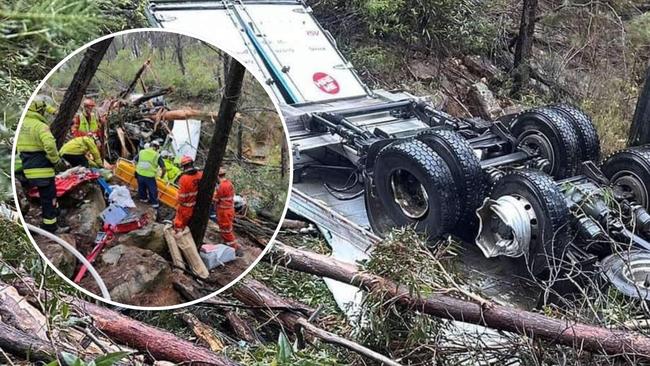 Truck driver was trapped in wreckage for hours after rolling into a 40 metre ditch in Sydney's southwest. Picture: Supplied