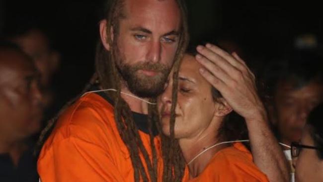 Sara Connor and David Taylor while taking part in a police reenactment on Kuta beach on August 31 Picture: Zul Eduardo